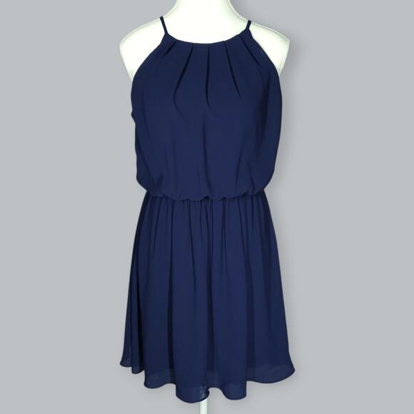 iZ Byer Dress Womens Small Navy Blue Sleeveless Pleated Chiffon Lined Elegant - Picture 1 of 12